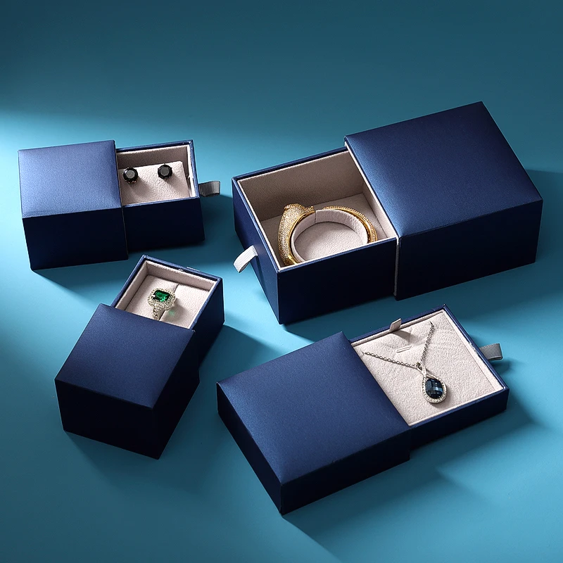 New blue leatherette luxury paper jewelry box paper packaging for bangle pendant earring ring jewelry set box with velvet