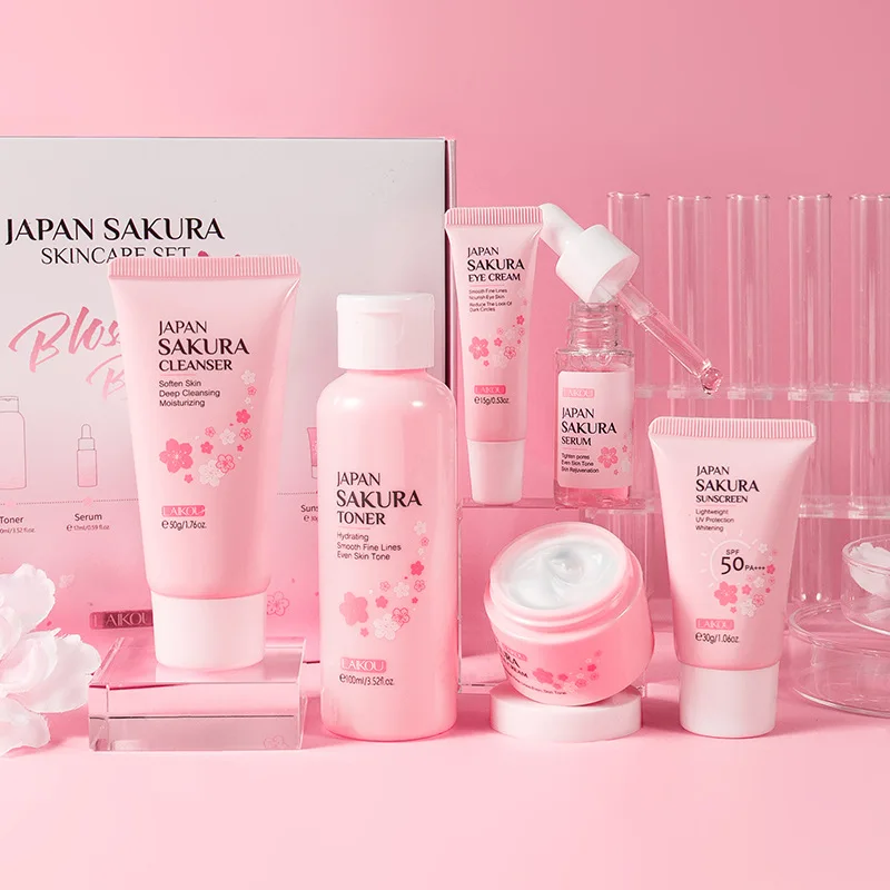 LAIKOU Japan Sakura Skin Care Set 6pcs Hydrating Smooth Wrinkle Cream Serum Toner Cleanser Suncreen Set