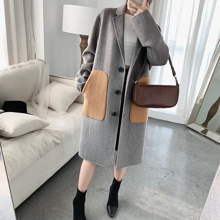 
fashion winter ladies loose single breasted pocket double-sided wool long coat lady casual temperament elegant women coat 