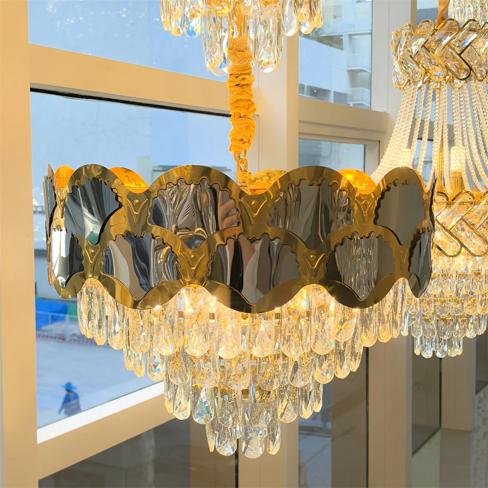 Factory Price Round Indoor Luxury Pendant Light Gold LED Hanging Lights Home Nordic Modern Leaf K9 Crystal Chandelier