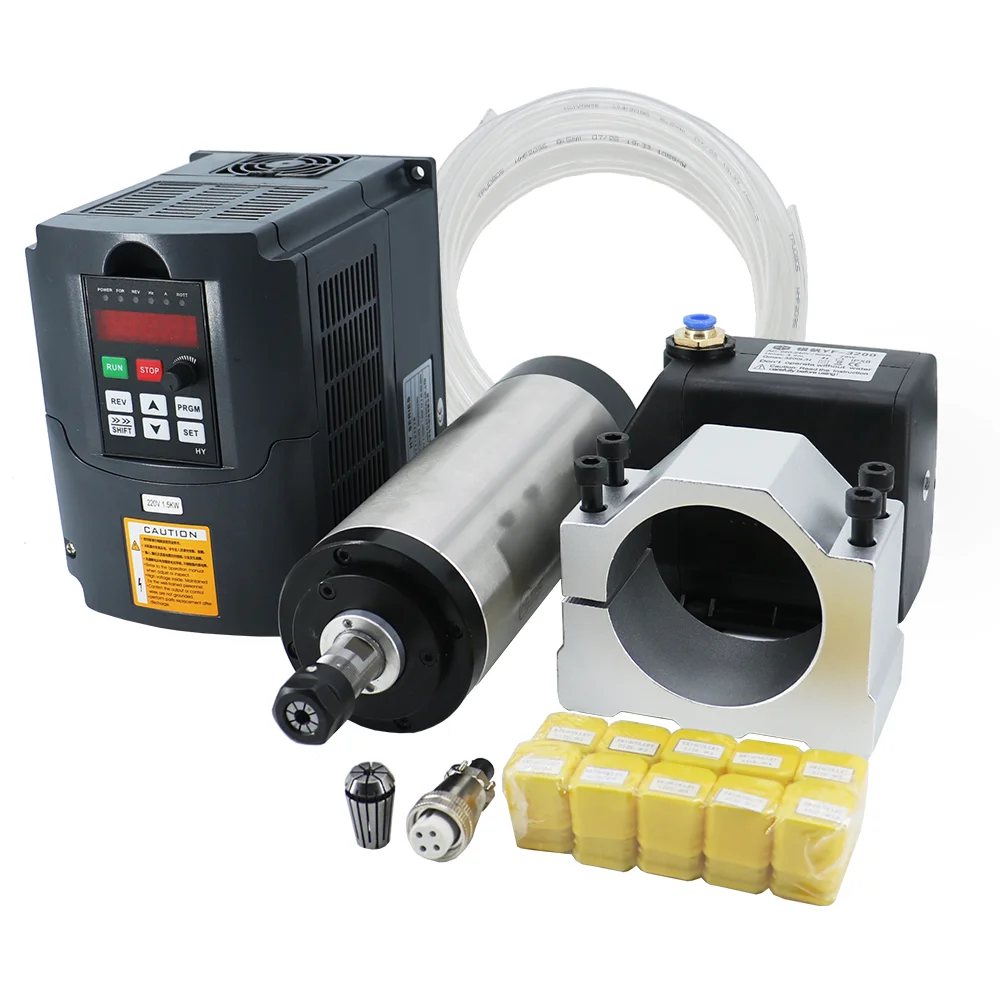 1.5KW Water Cooled Spindle 110V/220V/380V  + 1.5KW Inverter + 80mm Clamp + Water Pump/5m Pipe + 10pcs ER16  for CNC Wood Router