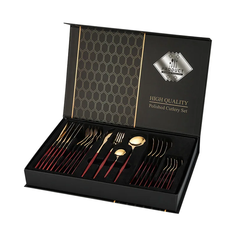 24pcs Gold Flatware 6 People Eating Utensils Forks Spoons Knives 410 Stainless Steel Cutlery Gift Box Set