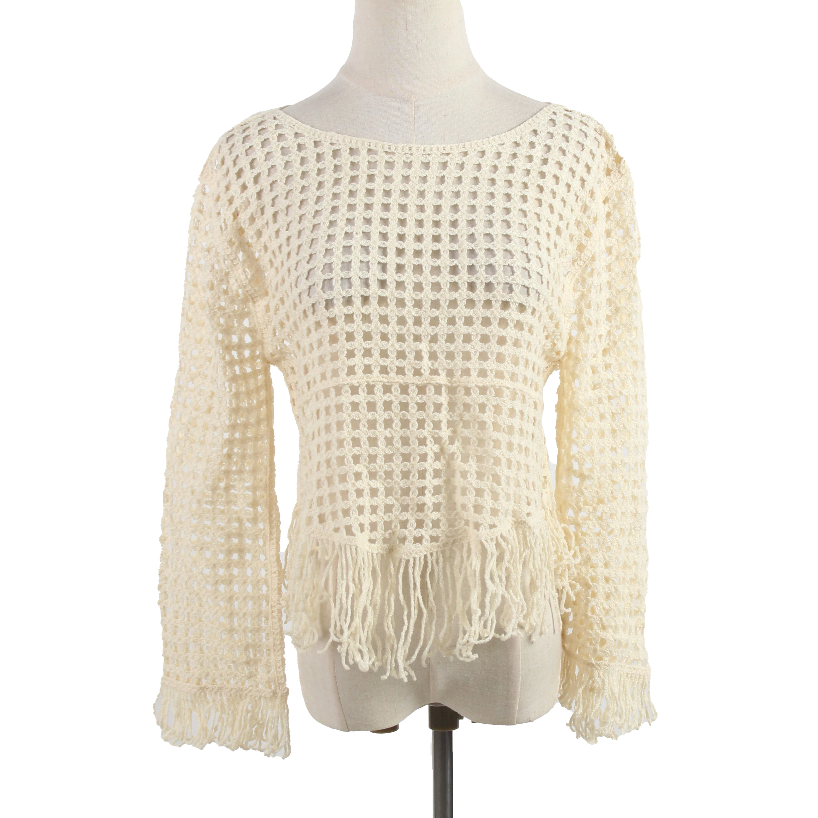 Factory made long sleeve hollow solid color yellow custom tassel trim crochet  bikini top sweater