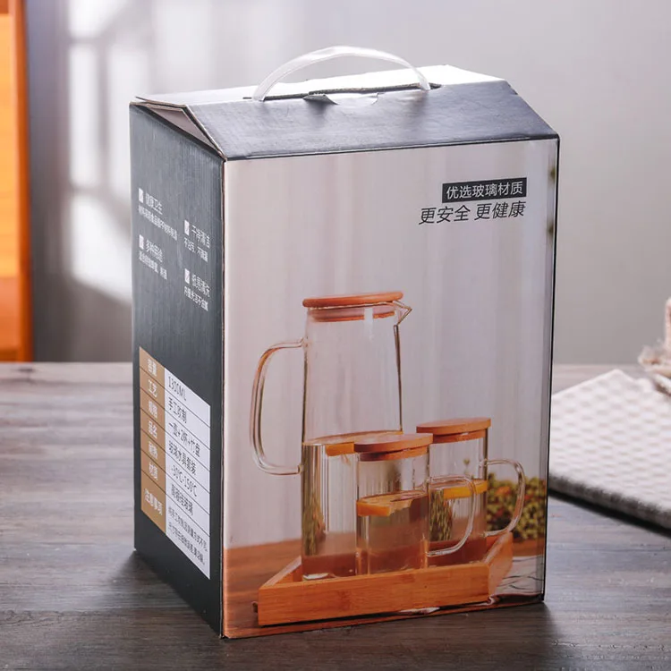 Hand Blown Drinking Glassware Borosilicate Glass Cold Water Jug Pot Pitcher Carafe and Bamboo Lids