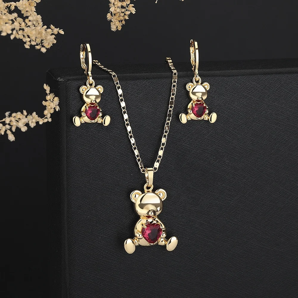 Joyeria Elegant 18K Gold Plated Brass Jewelry Set With Zircon Bear Earrings Necklace For Women Fashion Jewelry Set