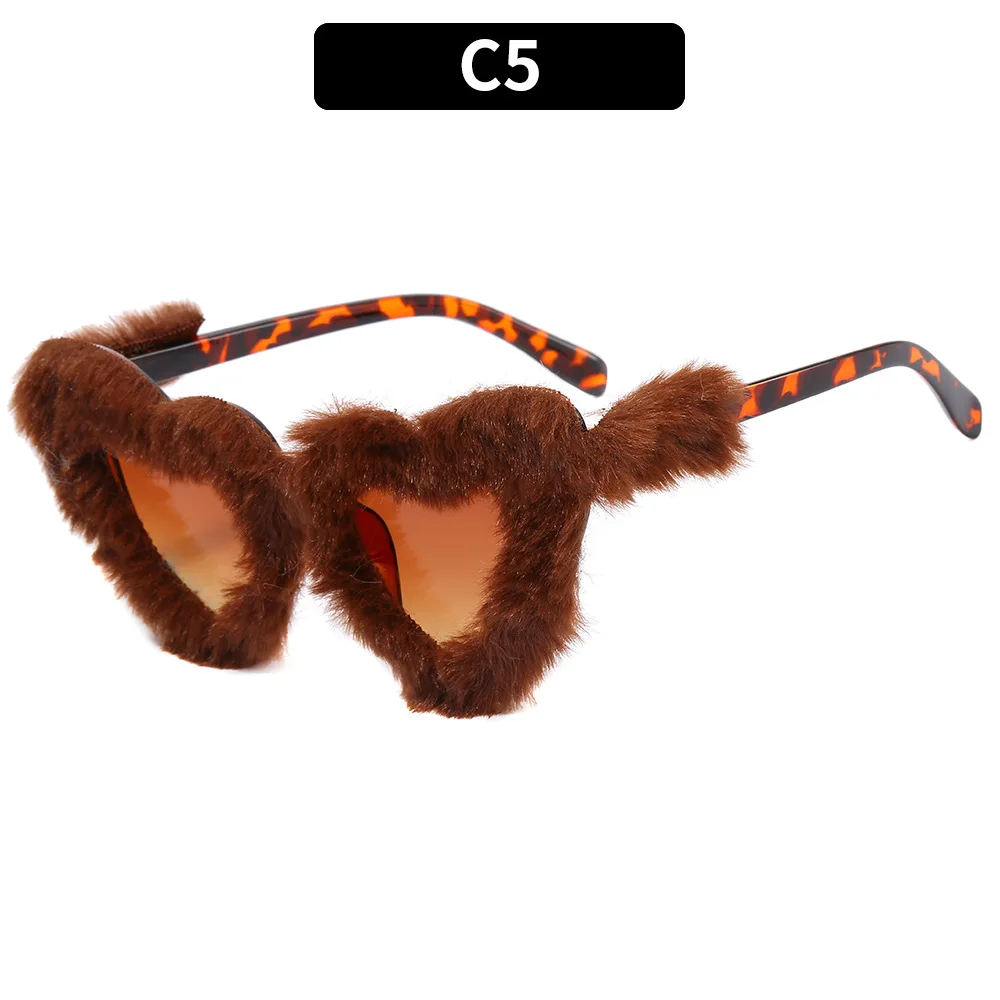 UNOC 2023 New Trendy Heart Shape Plush Sunglasses Cat Eye Sun Glasses Funny Party Eyewear Shades for Women and Men