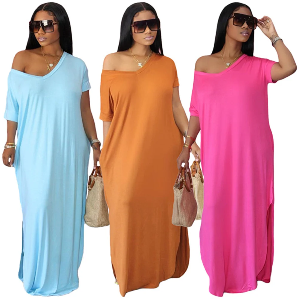 Женское длинное платье с V-образным вырезом, однотонное свободное Повседневное платье в пол с коротким рукавом, лето 2021