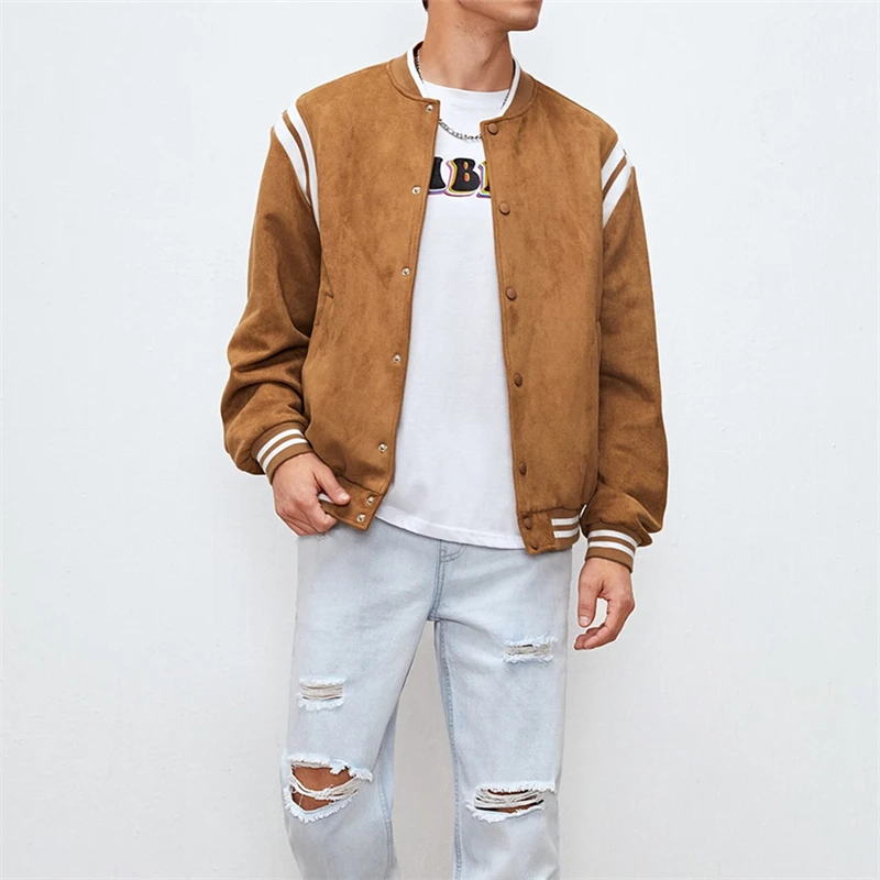 Custom Logo Unisex Letterman Hip Hop Brown Plain Suede Fleece Crop Vintage Winter Casual Men Jacket Coat