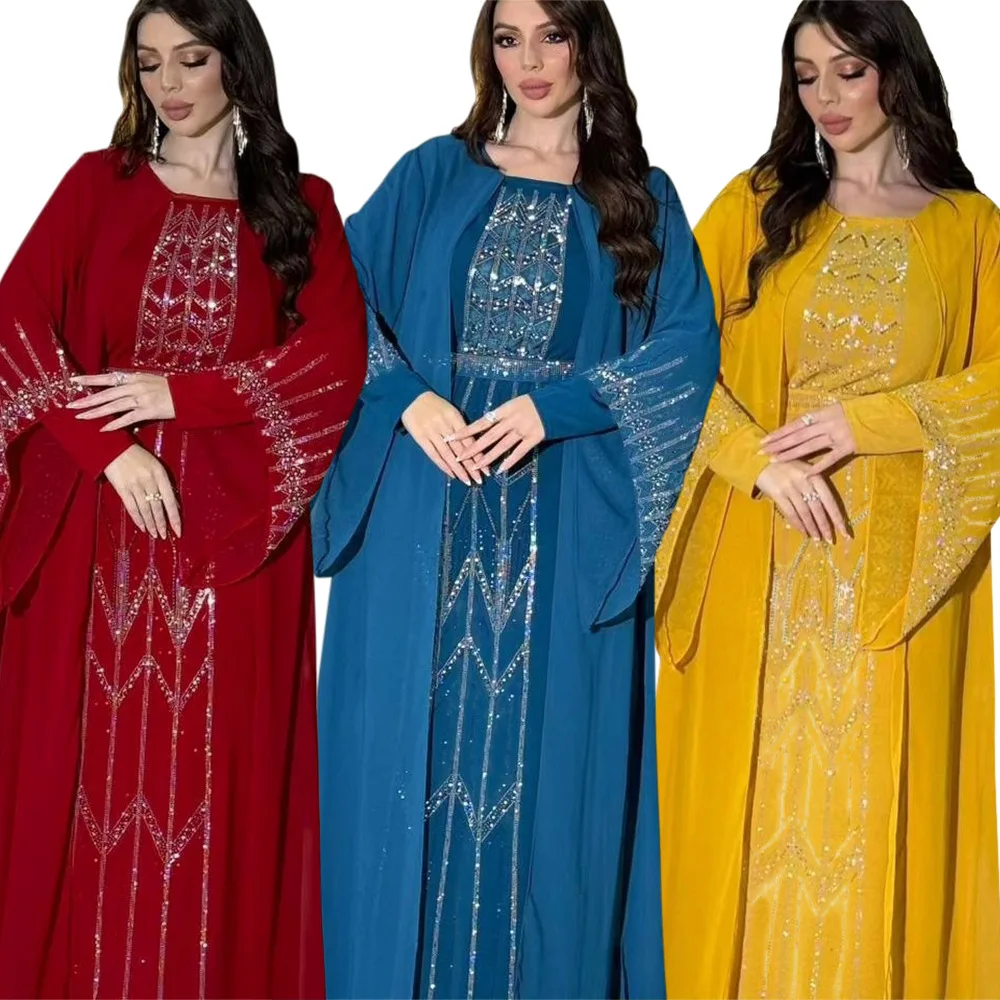 Saudi Arabia Muslim Diamond Luxury Caftan Turkey Abaya Boubou Chiffon Abaya with Belt Morocco Women Afghan Party Wedding Dress