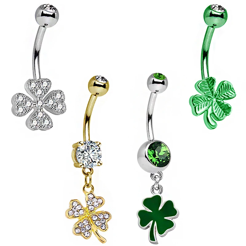 316L stainless steel four-leaf clover flower lock crystal cubic zirconia navel bar belly button ring body piercing jewelry