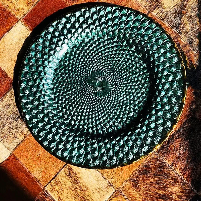 13Inch Tableware Wedding Decoration Glass Under Plates Catering Event Peacock Glass Charger Plate