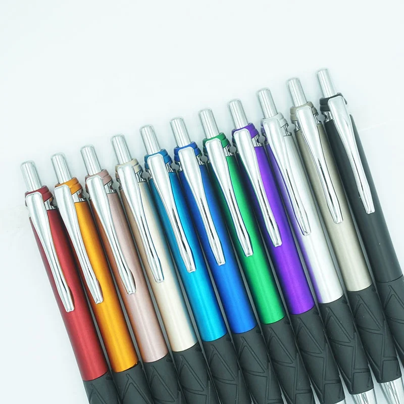 Promotional Metallic Colored Painted Barrel And Metal Clip With Black Rubber Grip Plastic Pens Luxury