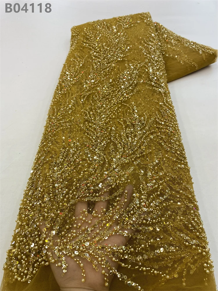 Factory Price Luxury White Lace Fabric Embroidery Sequence Beaded Embroidered Wedding Lace Fabric For Dress