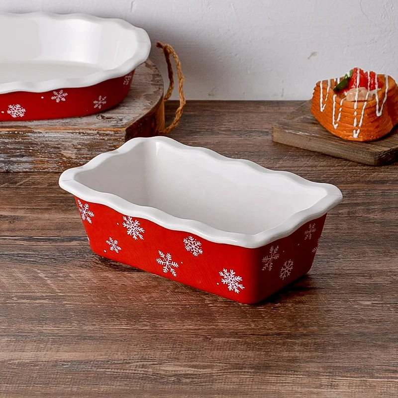 Popular Red Color Ceramic Bakeware Snowflake Pattern Christmas Style Stoneware Baking Dish Restaurant Pie Tray