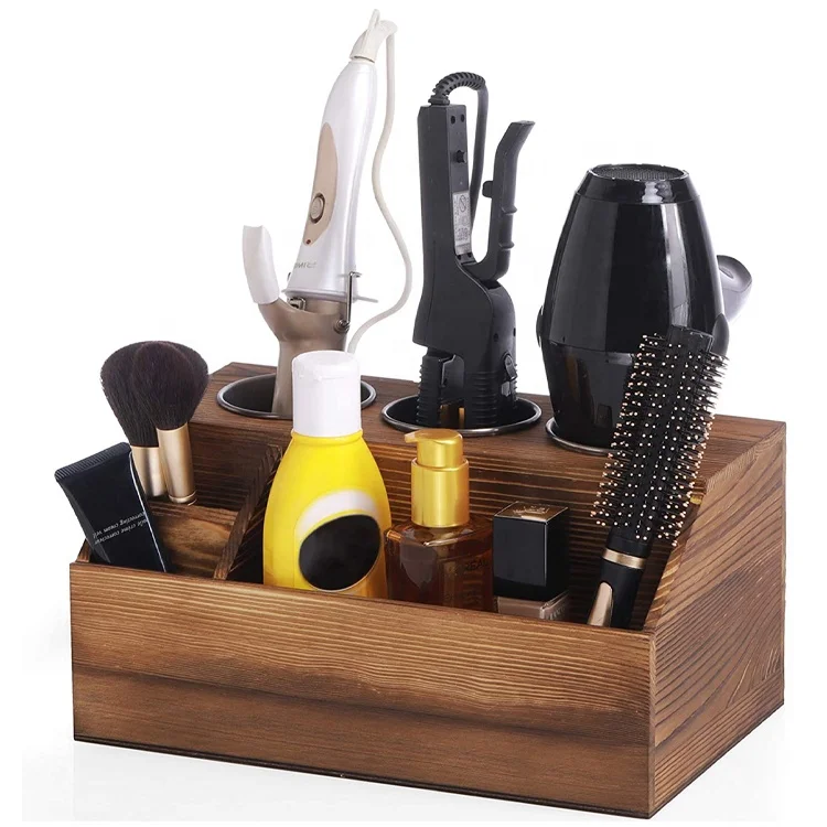 Bathroom Vanity Countertop Torched Brown Wooden Hair Tool Organizer