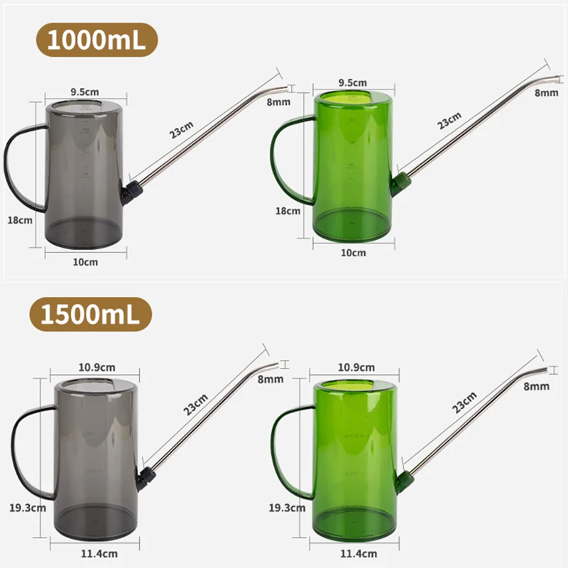 Garden Indoor 1L 1.5L Liter Green Gray Clear Detachable Stainless Steel Long Spout PS Plastic Small Watering Can For Flower