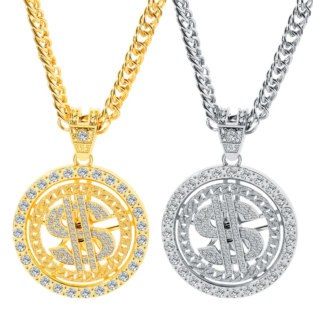 2022 Hip Hop 18K Gold Plated Rotating Iced Out Cuban Link Dollar Sign Necklace for Men