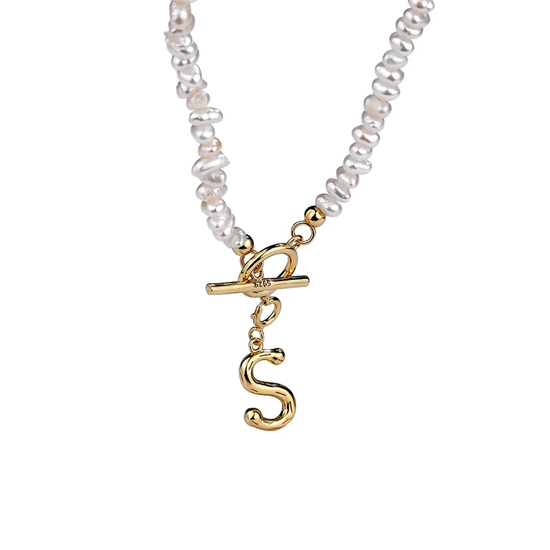 Fashion jewelry 925 sterling silver alphabet pendants & charms toggle clasp pearl necklace women
