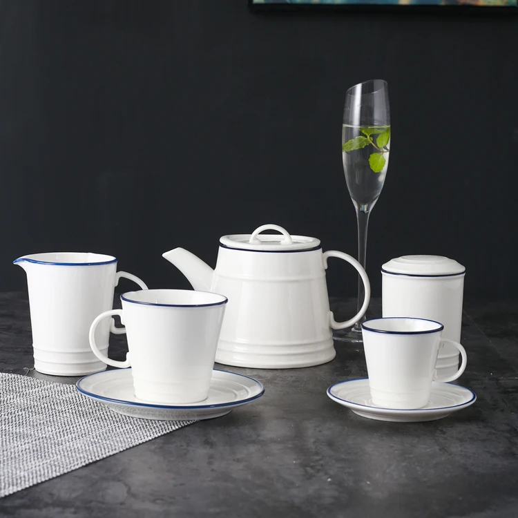 Classic enamel design American pastoral style grace blue line hand painted ceramic tea set white coffee set porcelain