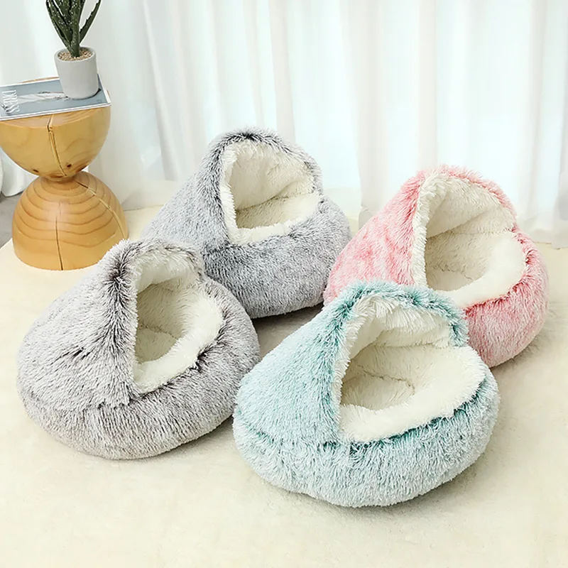 Long Plush Pet Bed Winter Soft And Comfortable Warm Shell Semi-enclosed Cat Mattress Cute Pet Cat Bed Kennel Dog Sleep