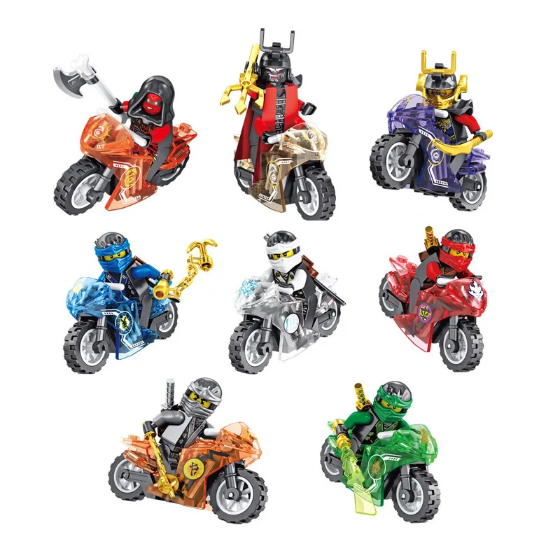 8Pcs Toddler Stitching Anime Toys Collection Combat Ninja Go Minifigs with Motorcycles Mini Figures Building Block Set