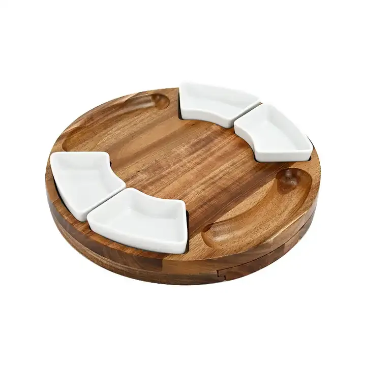 Acacia Wood Cheese Board Set with Slate Round Charcuterie Board Cheese Serving Platter with Slide-Out Drawer