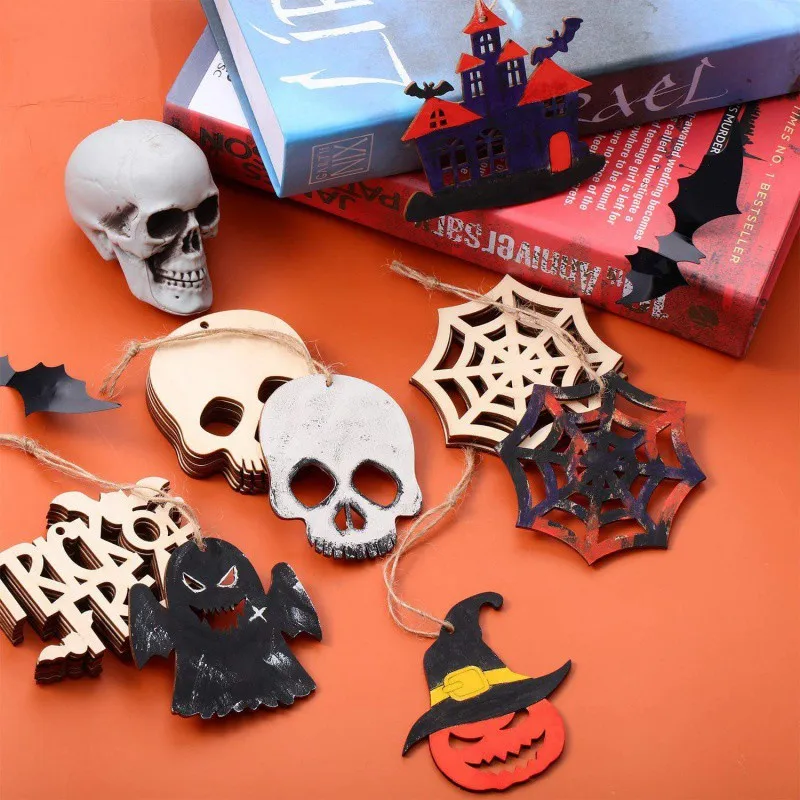 Copllent Halloween wood cards Pendant Festival Decoration Wood Chips Home DIY Ghost Festival Props Sign-in Card