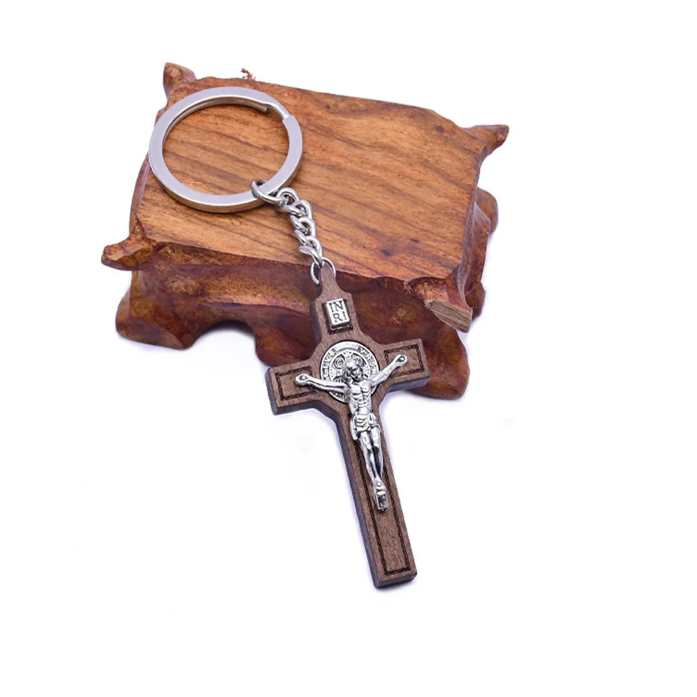 Custom St. Benedict wooden key chain pendant Metal Religious Jesus Keychain With Cross