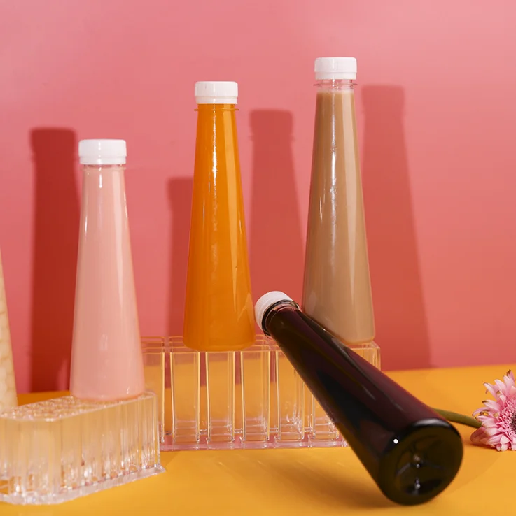 8oz 12oz 16oz conical shape reusable disposable plastic juice bottle beverage container with tamper evident cap