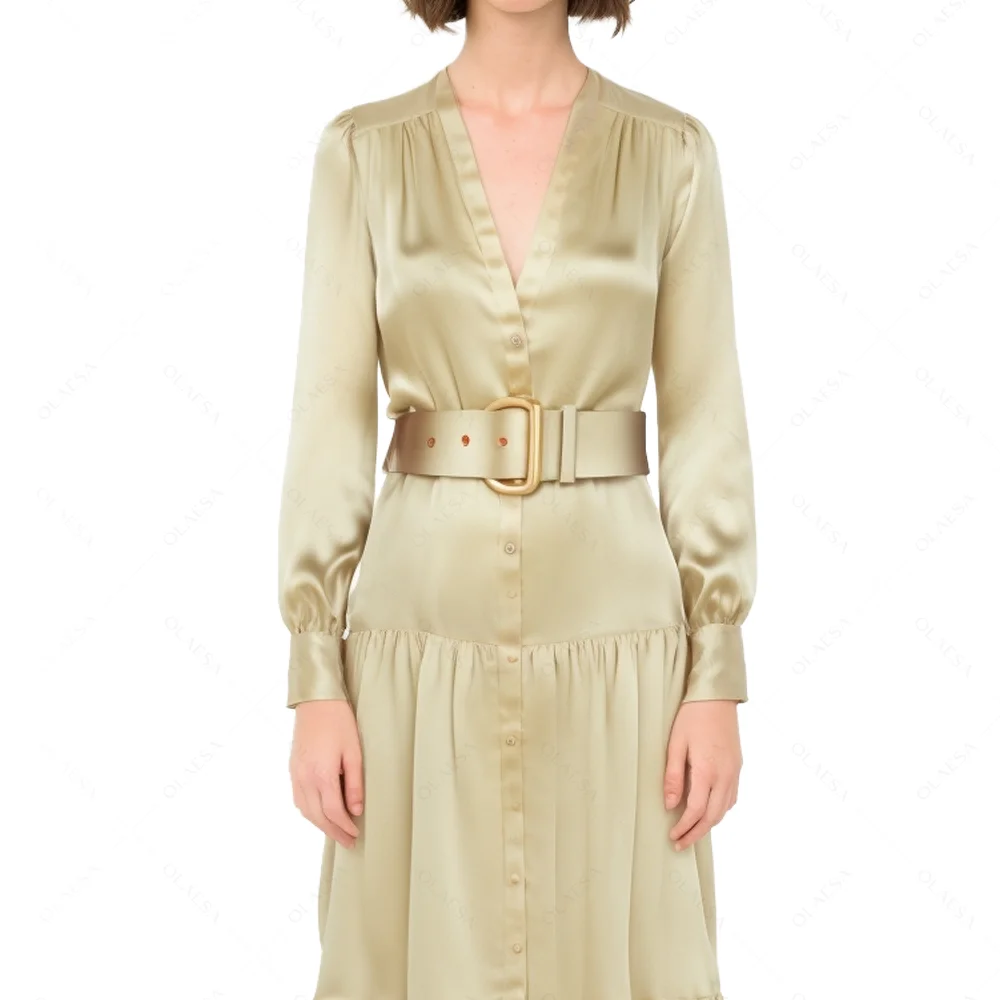 Elegant Silk Dresses Women Shirt Dress Long Sleeve Button Up Dresses Women