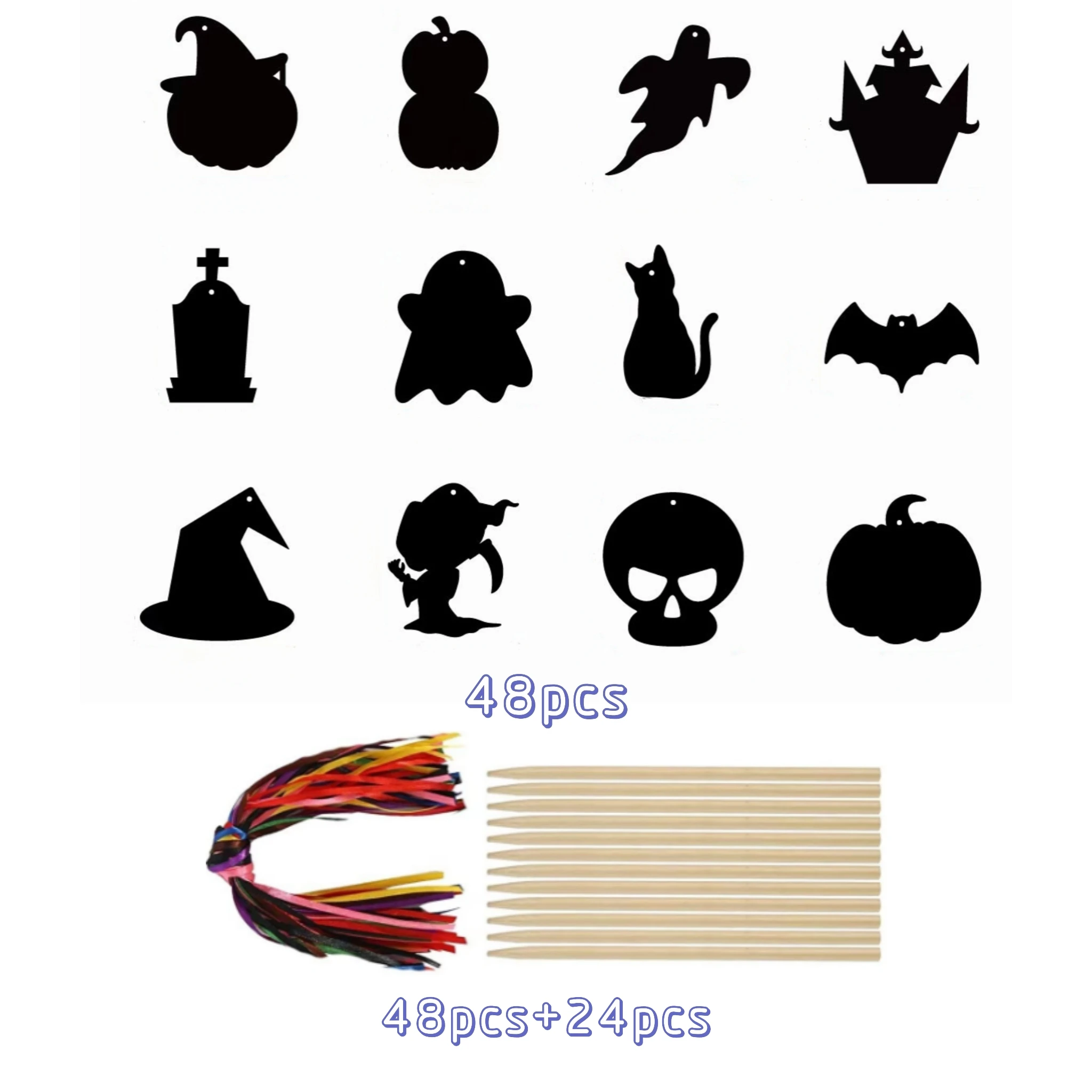 48pcs Halloween Kids DIY Handmade Bookmarks with Silk Screen Printing Scratch Drawings on Paper Crafts for Decoration