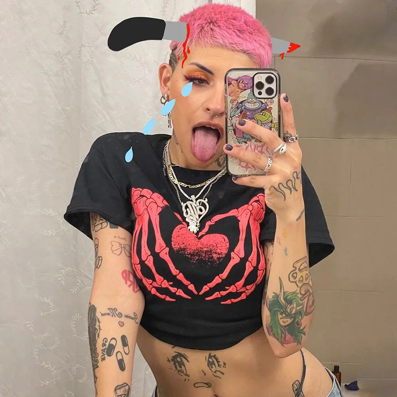 New Gothic Clothes Graphic Print Black T-shirt Women Streetwear Summer Sexy Crop Top Bodycon Short Sleeve O-neck T-shirts