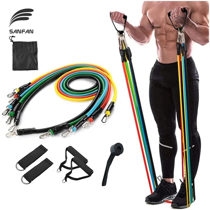 SANFAN Wholesale Bodybuilding Yoga Bands Elastic Gym Band Exercise Workout Latex Resistance Band Set 11pc Fitness Training Tube