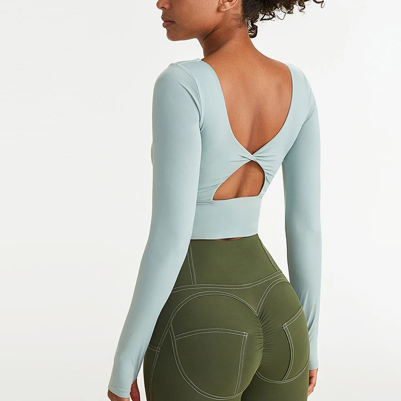 Custom Women Long Sleeve Workout Wear Gym Fitness Beautiful Back Seamless Crop Top Removeable Cup Yoga Sports Bra T Shirts