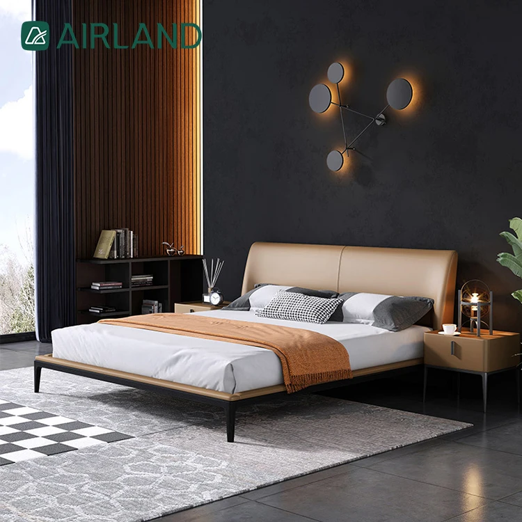 Low price wholesale pine bed frame comfortable modern genuine leather double bed