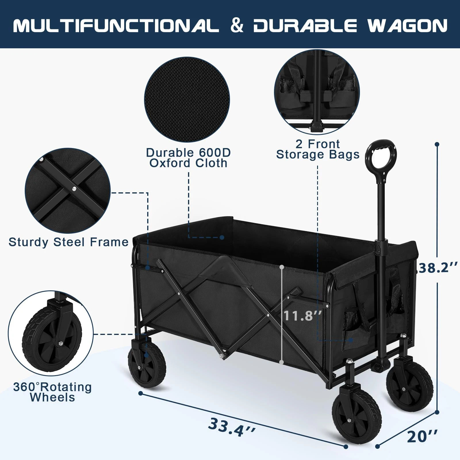 Factory Direct Folding Wagon with Wheels - Heavy Duty Folding Utility Wagon for Outdoor Camping Gardens