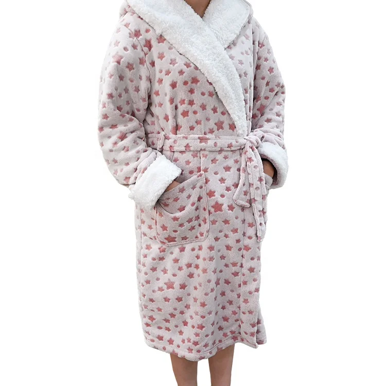 Factory Fashion Bottom Printed Flannel Fleece Hooded Bathrobe Cut Sleepwear Women Sherpa Fleece Thick Winter Robe