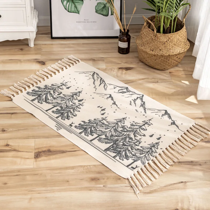 60*90cm Boho Geometric Plant Flower Animal Printed Rug Decorative Cotton Rope Hand Woven Floor Mat with Tassels
