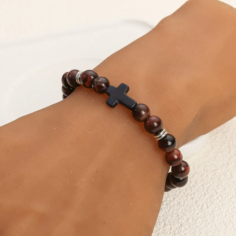 Minimalist Fashion Matte Black Bead Tiger Eye Bracelet Trendy Cross Turquoise Volcano Stone Bead Bracelet