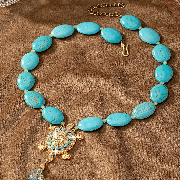 Wholesale European American Retro Vintage Luxury Daily Wear Sweater Heavy Engraved Anchor Turtle Turquoise Chain necklace