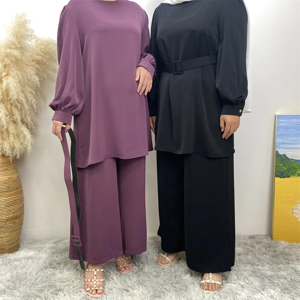 New Arrival Muslim Ramadan Clothes Outfits Long Sleeve Shirts And Pants 2 Piece Abaya Set For Women