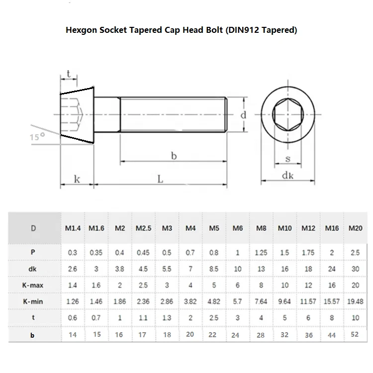 China supplier DIN912 tapered  M6x35 hex socket tapered head cap Gr5 Tc4 Ti-6al-4v titanium fastener bolt screw for bicycle