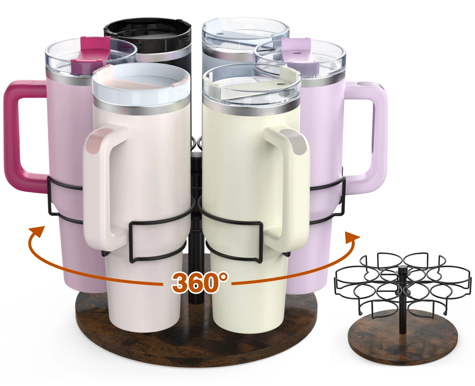 Customize Rotatable Water Carbon Steel Cup Rack Solid Wood Base Bottle Organizer Holder for 40 oz Tumbler with Handle