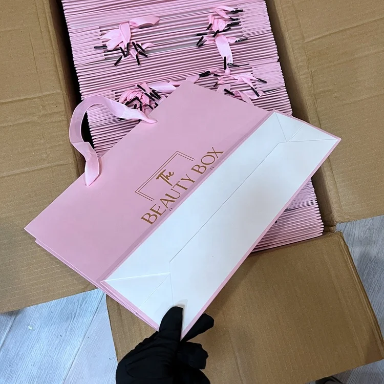 PINK hair bags for bundles pink Top Quality Luxury White Foldable Paper Shopping Bag Custom Logo