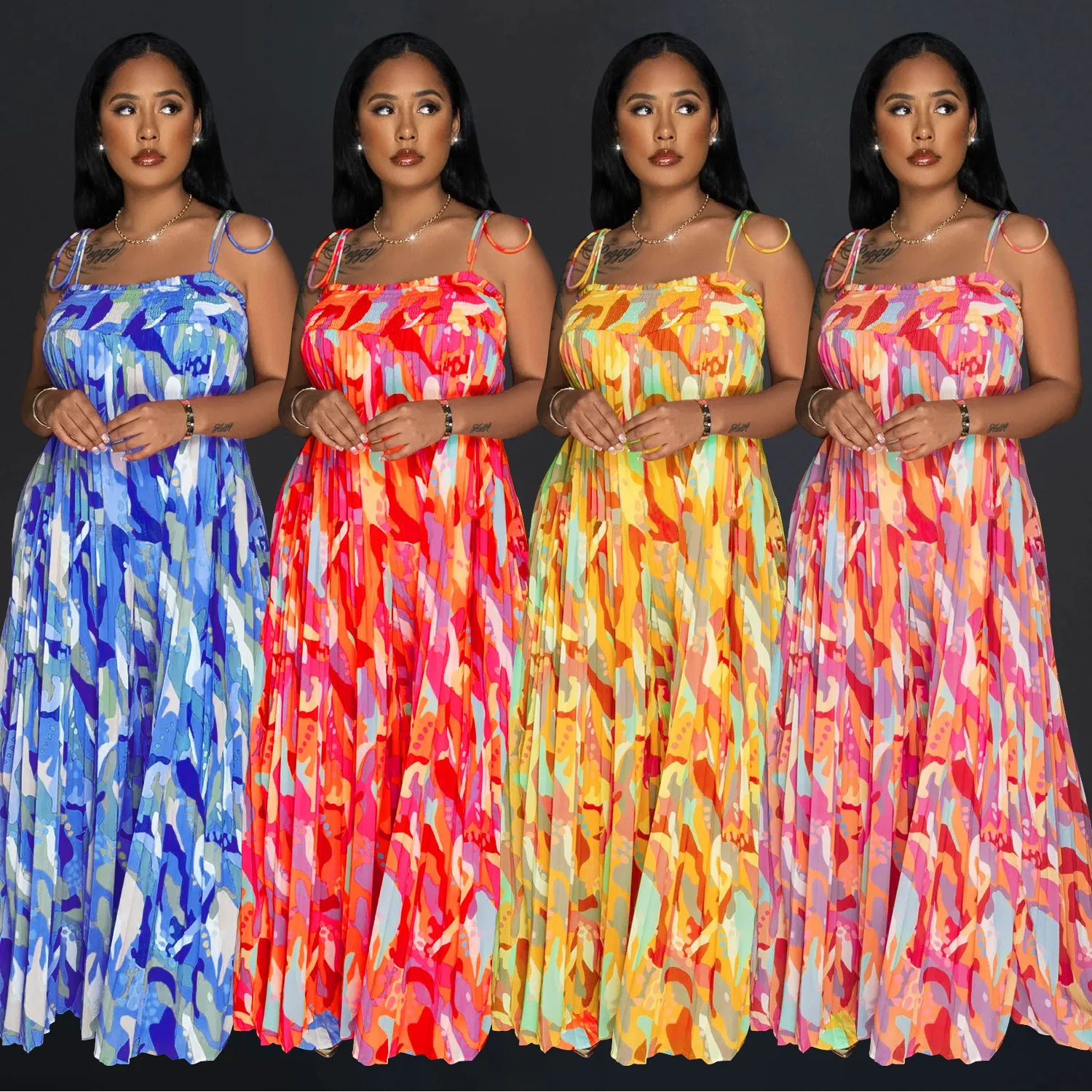 QuiteS 2024 Sexy Halter Pleated Wide Leg Maxi Women Wide Leg Jumpsuit Floral Printed Casual Jumpsuit For Women