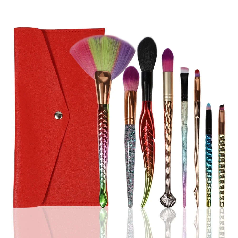 8 pcs Oem Personalized Hot Selling Good Price Colorful Vegan Synthetic Hair Fishtail Mermaid Tail Custom Logo Makeup Brush Set