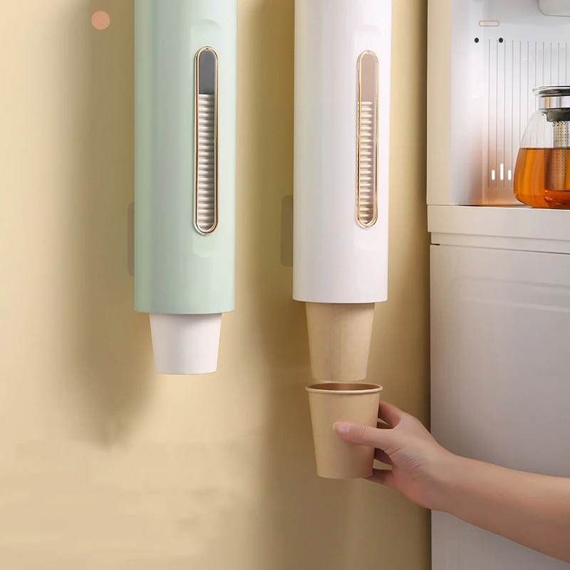 Disposable Water Paper Cup Extractor Holder Dust Proof Wall Mount Cup Dispenser with Storage Box Cup Picker