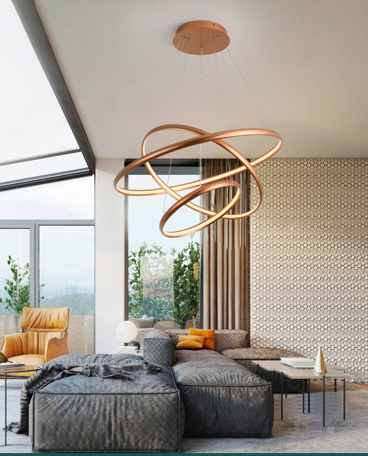 Contemporary Golden Acrylic Shade Dimmable LED Ring Chandelier Pendant Light for Living Room Centerpiece