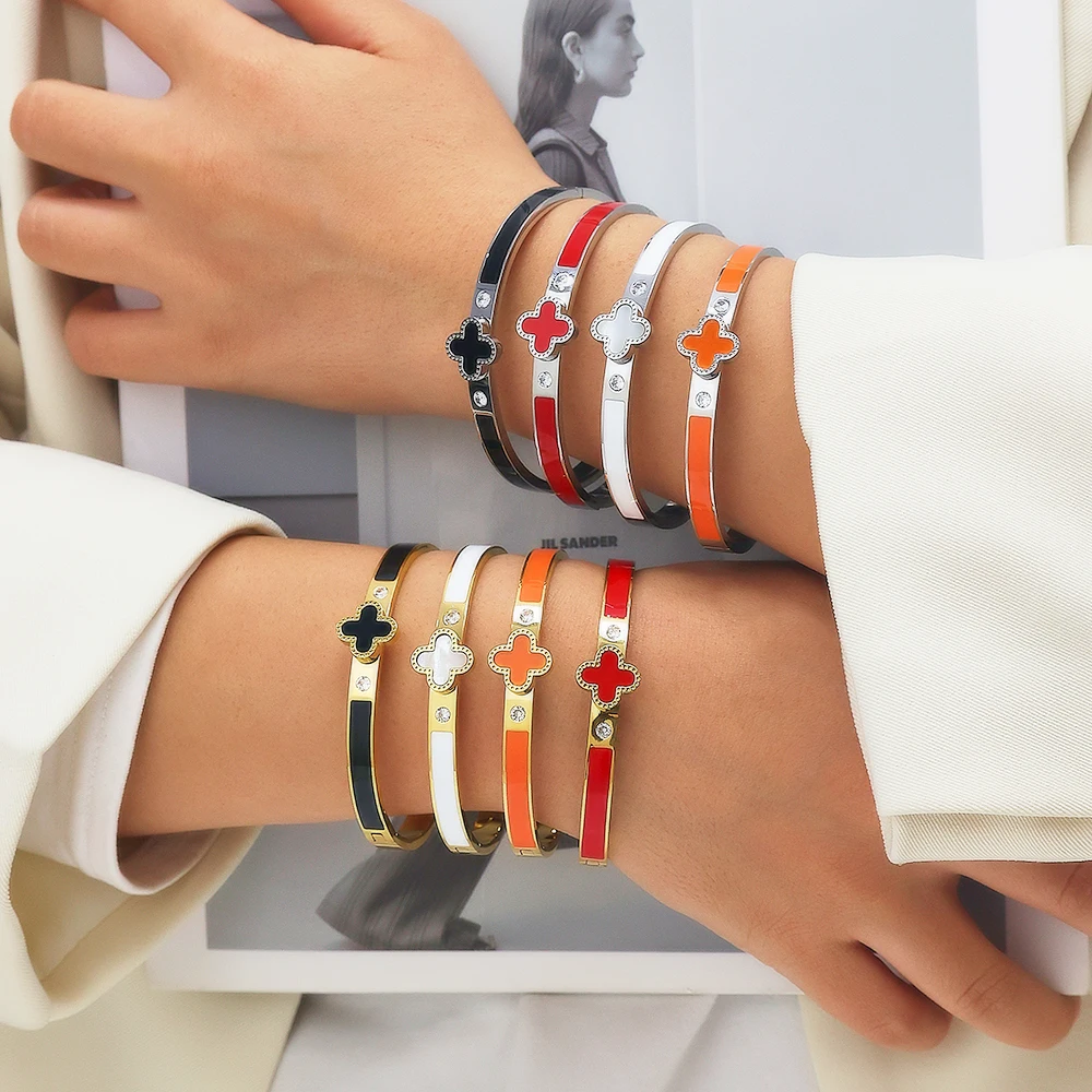 XIXI Acier Inoxydable 18K Gold Plated Stainless Steel Four Leaf Clover Enamel Zircon Women Fashion Jewelry Bracelet Bangle