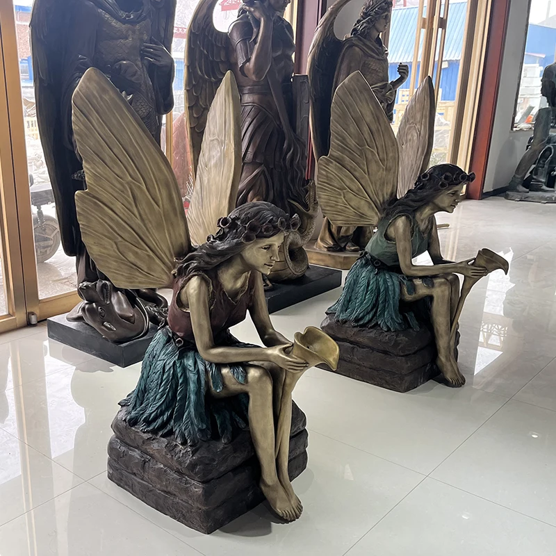 MUSI Bronze Outdoor Waterfall Fairy Girl Statue Bronze Art Fountain Sculpture with Solar Water Fountain for Sale